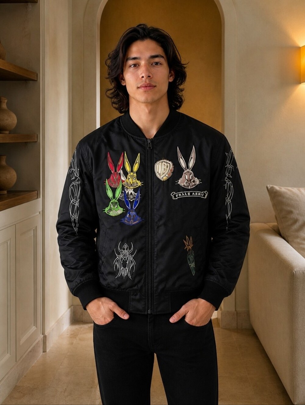 Warner Bros. Black Bomber Jacket with Looney Tunes Graphics Retail $110